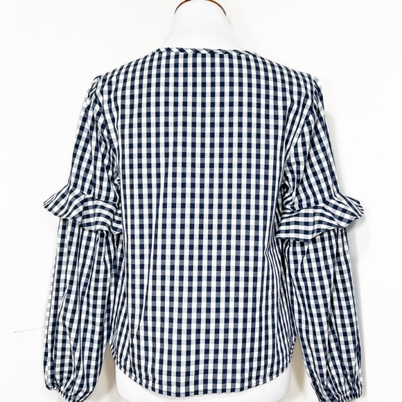 Splendid Navy Gingham Check Ruffled Tie Neck Navy White Long Sleeve Peasant Top - Picture 6 of 10